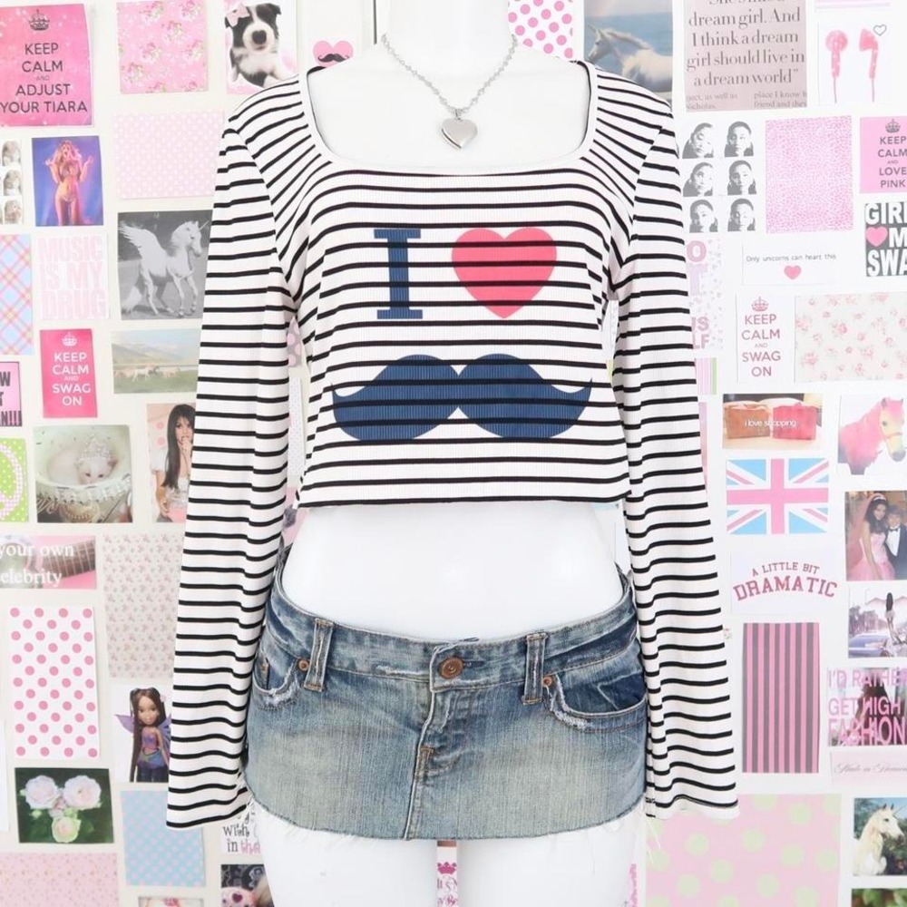 striped‎ i ❤️ mustache crop top xs